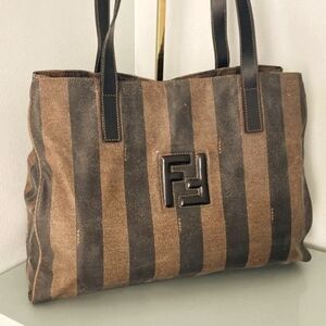 Fendi Black and Brown Striped Shoulder Bag with Leather Trim